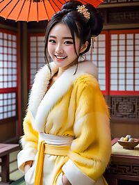 A young Mongolian woman 20 years old stands out in her bright yellow fur coat